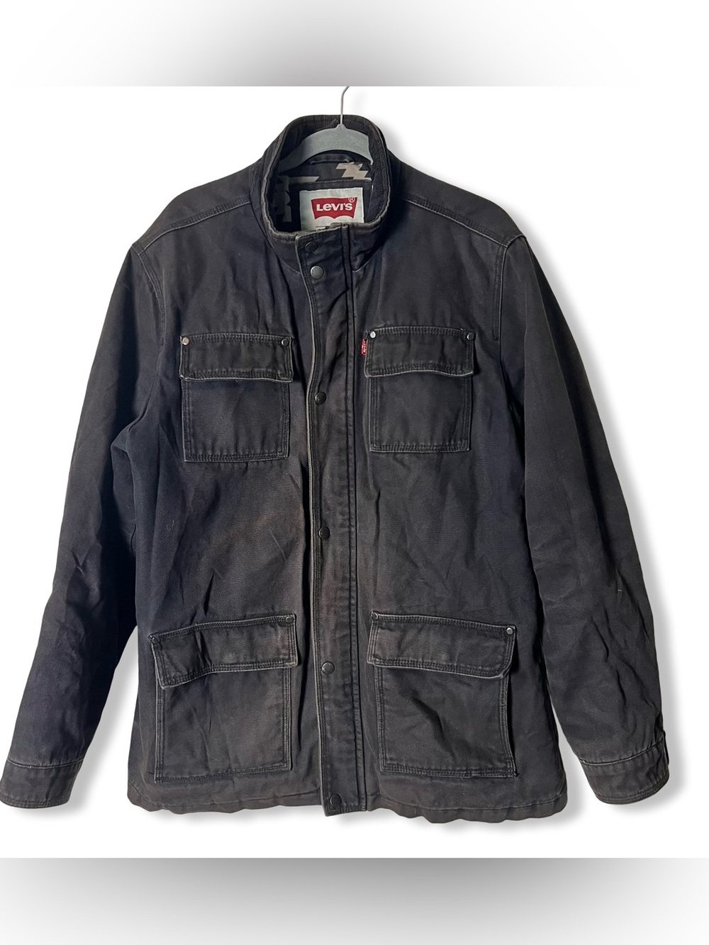 Levi's Cotton Canvas Depot Jacket Black Corduroy Collar Aztec Lining Mens Sz. S